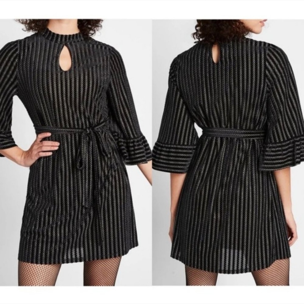 NEW ModCloth Keyhole Mock Neck Waist Tie Bell Sleeve Above The Knee Black Dress